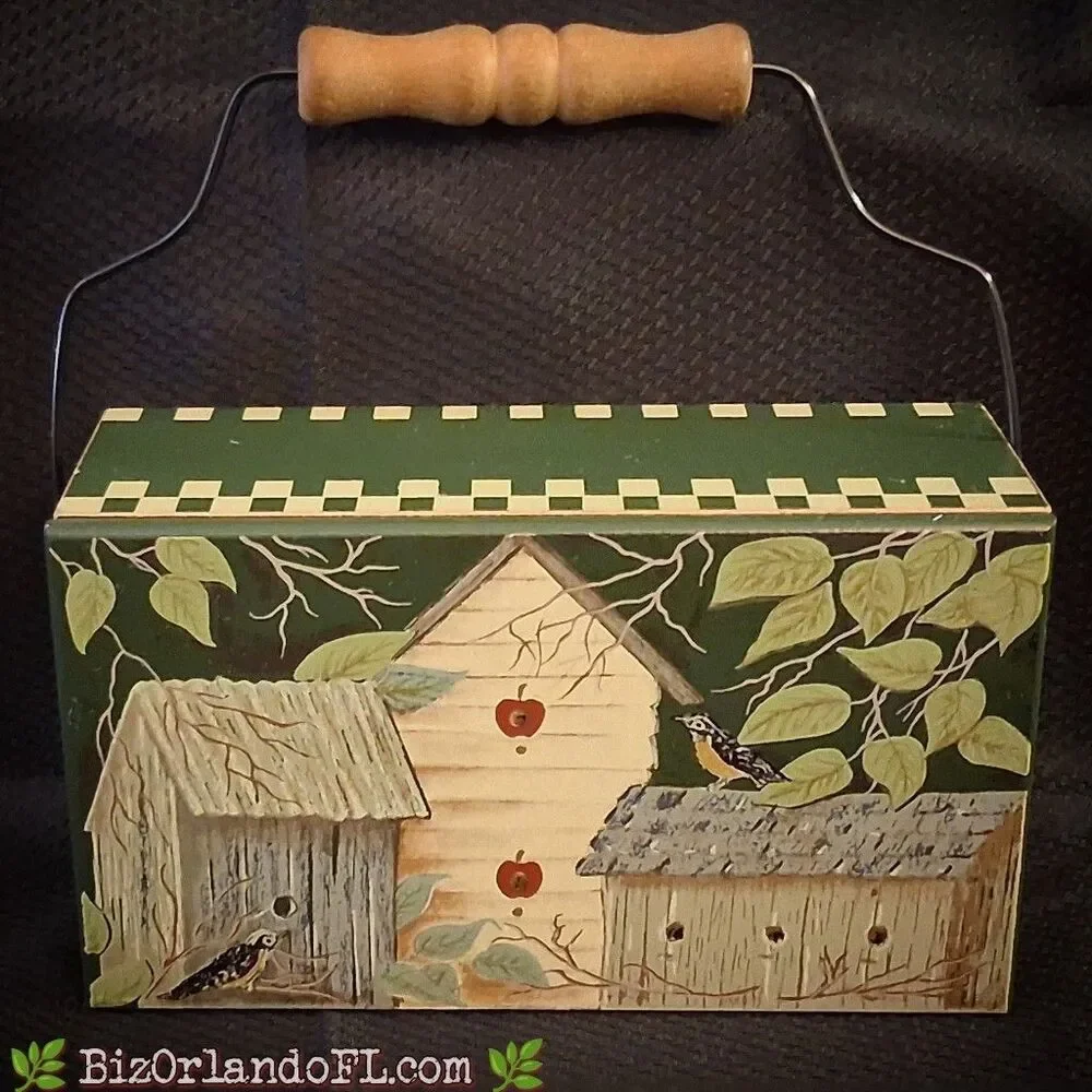 VINTAGE: Handpainted Wooden Folk Art Box Birdhouse Scene Wire Handle Wooden Grip